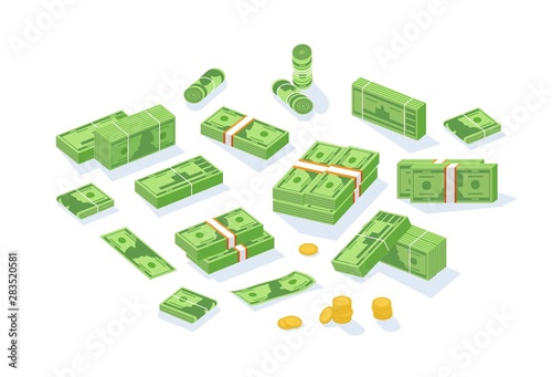 Bundle of cash money or currency. Set of United States dollar bills or banknotes in packs and rolls and cent coins isolated on white background. Modern colorful isometric vector illustration.