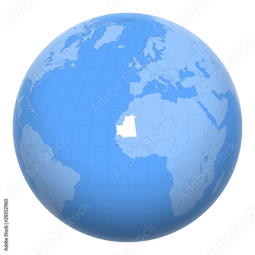 Mauritania on the globe. Earth centered at the location of the Islamic Republic of Mauritania. Map of Mauritania. Includes layer with capital cities.