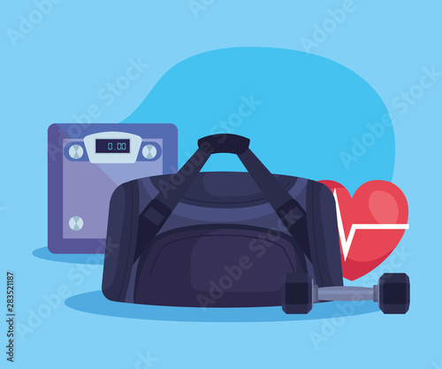 weighing machine with bag and dumbbell with heartbeat
