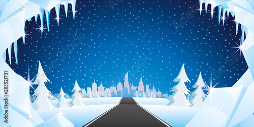 Winter nature and the road to the city among the snowy landscape.