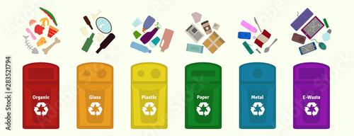 Garbage waste sorting and recycling illustration / guide. 