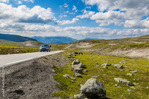 Driving along the National Scenic route Aurlandsfjellet between Aurland and Laerdal in Norway.