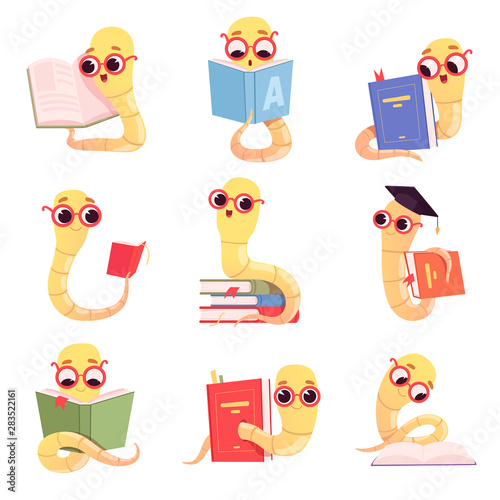 Bookworm characters. Worms kids reading books school little baby animal in library vector collection. Illustration of bookworm with books, earthworm education photo