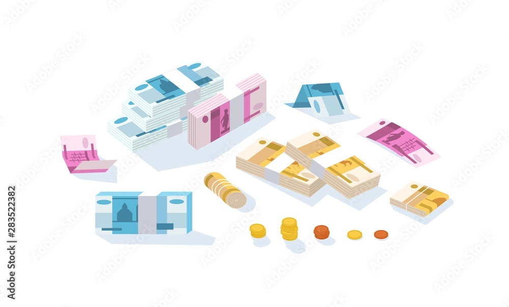 Set of fiat money or Russian rouble currency. Bundle of Ruble bills or banknotes in stacks and rolls and kopek coins isolated on white background. Modern colorful isometric vector illustration. Set of fiat money or Russian rouble currency. Bundle of Ruble bills or banknotes in stacks and rolls and kopek coins isolated on white background. Modern colorful isometric vector illustration.