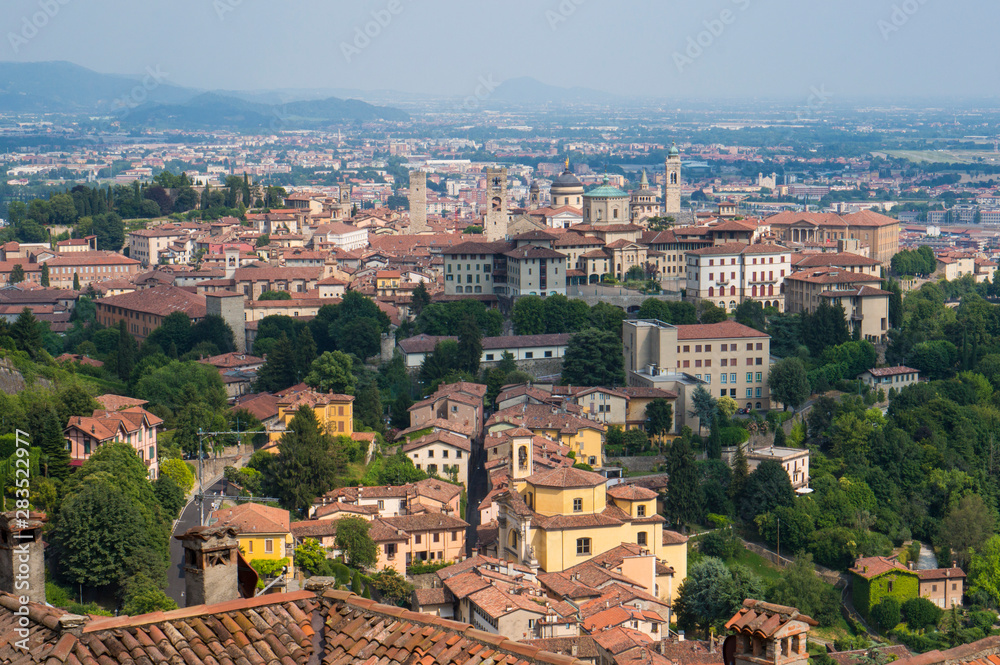 Old Town Citta Alta in Bergamo, Italy. Top view from San Vigilio Hill