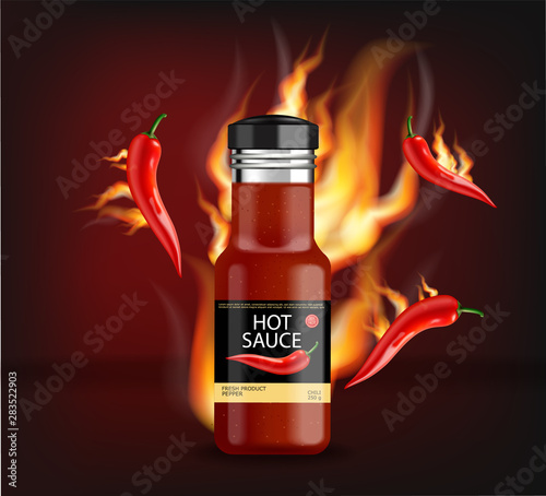 Hot chili sauce on fire vector realistic. Product placement mock up bottle. L...