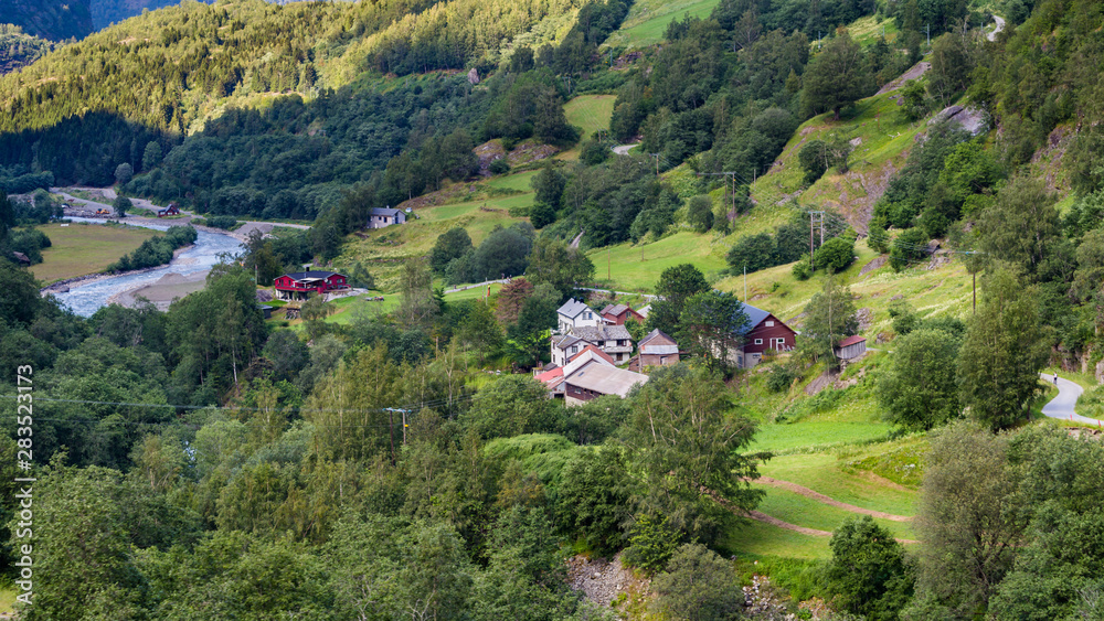 View on little village from the most beautiful train journey Flamsbana between Flam and Myrdal in Aurland in Western Norway