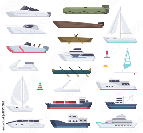 Boats. Water sea or ocean vessel small and big ships and sailor boats vector cartoon transport. Steamboat and kayak, yacht travel, transportation speedboat illustration