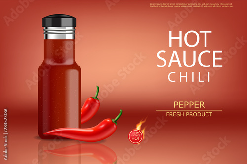 Hot chilli sauce vector realistic. Product placement mock up bottle. Label de...