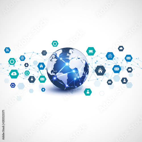 world with media network symbol for communication & technology business concept isolate white background, vector illustration