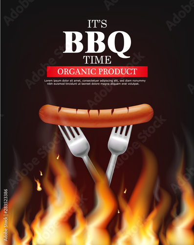 Bbq sausage fire Vector realistic. Vertical menu brochure template hot grill....