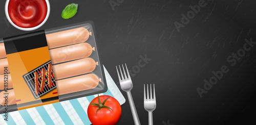 Sausage pack Vector realistic. Product placement label design. Uncooked food ...