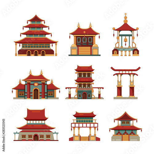 China traditional buildings. Cultural japan objects gate pagoda palace vector cartoon collection of buildings. Building palace, pagoda and traditional temple illustration