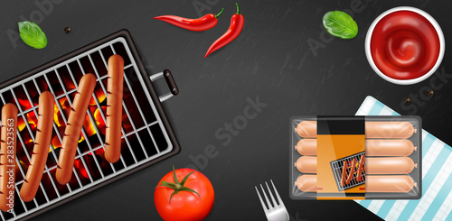 Bbq grill hot dog Vector realistic. Banner tasty menu brochure template hot s...