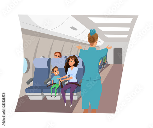 Flight attendant on plane flat vector illustration
