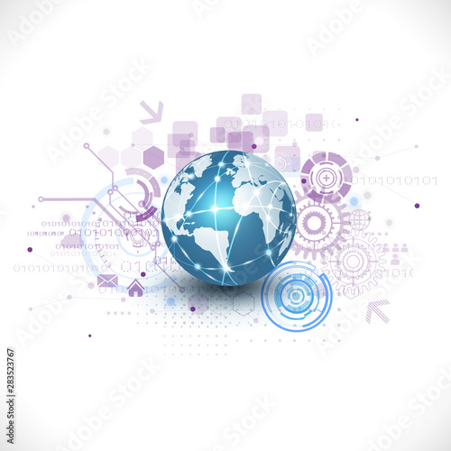 world and futuristic technology with digital and gear element concept, vector illustration