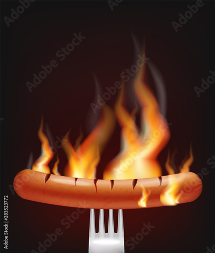 Sausage on fire Vector realistic. Menu advert concept. Dark background. 3d il...