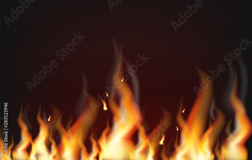 Fire background Vector realistic. Flame burning 3d illustration dark banner posters