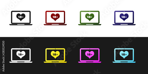 Set Laptop computer with 18 plus content heart icon isolated on black and white background. Age restriction symbol. 18 plus content sign. Adult channel. Vector Illustration