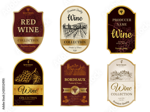 Wine vintage labels. Alcohol wine champagne drinks badges luxury style with pictures of vineyard silhouettes and grapes vector pictures. Illustration of alcohol drink wine, vineyard label for beverage photo