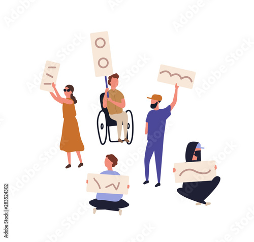 Bundle of protesters holding banners and placards