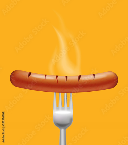 Sausage steaming Vector realistic. Menu advert concept. 3d illustration burning food poster templates