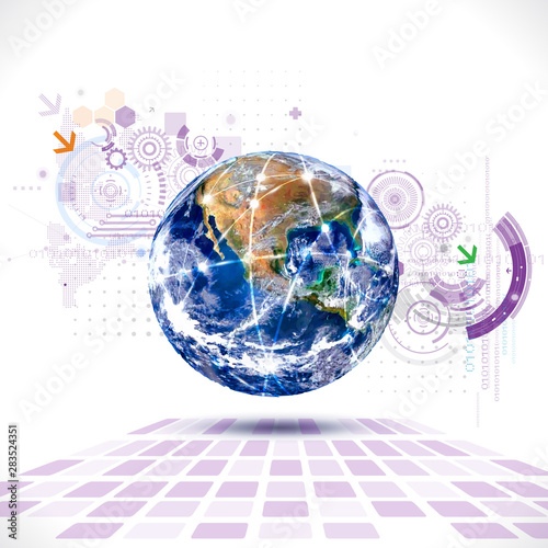 world and futuristic technology with digital and gear element concept (Elements of this image furnished by NASA), vector illustration