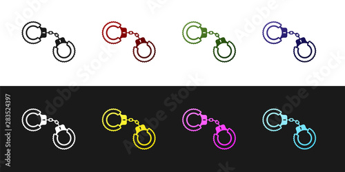 Set Sexy fluffy handcuffs icon isolated on black and white background. Handcuffs with fur. Fetish accessory. Sex shop stuff for sadist and masochist. Vector Illustration