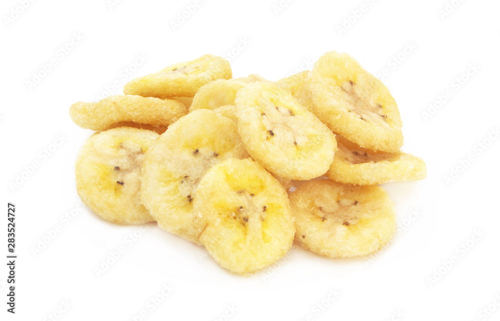 Dry banana chips isolated on white backgrond