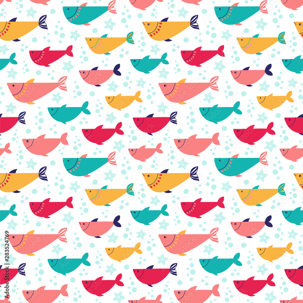 Seamless vector pattern with bright fishes.