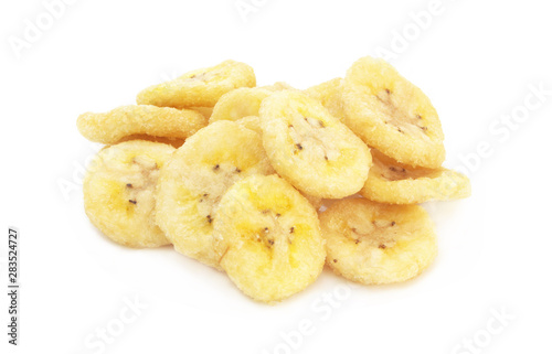 Dry banana chips isolated on white backgrond