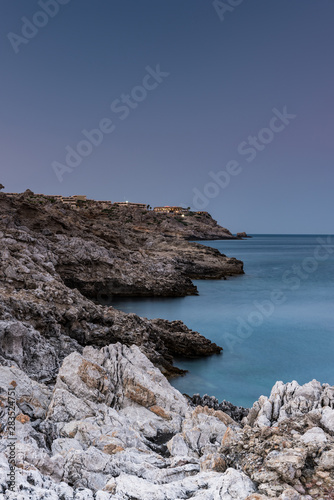 Rocky Dramatic Seaside and Mediterranean Sea, Long Exposure Sunrise, Greece