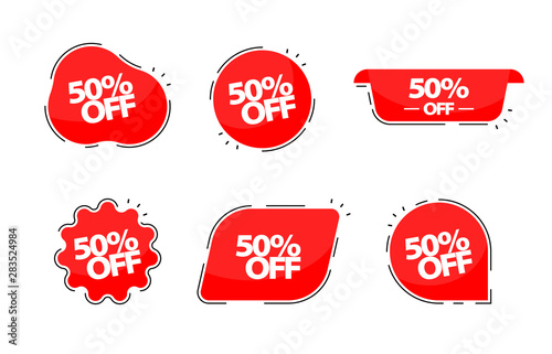 50 off collection tags. Banner red colored. Flat linear promotion ribbon banners. Vector