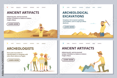 Archeologists landing page templates. Cartoon archaeologists explore antiquities vector illustration. Archaeologist find antiquity, archaeology discover