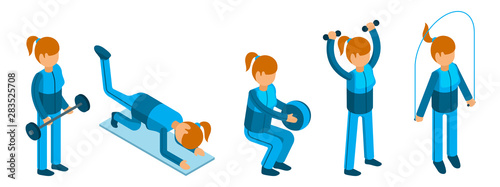 Isometric girl doing sport exercises. Woman fitness characters isolated on white background. Illustration of girl do exercise squat and rope jump