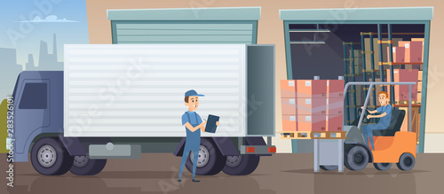 Warehouse background. People and machine working in warehouse room and put boxed on shelves pallets vector industrial logistic workers. Storage and logistic, warehouse industry illustration