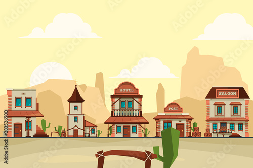 Wild west town. Old western architectural elements city background with saloon bar and store vector background illustrations. Wild west building, wooden american hotel and post