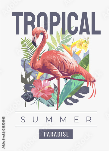 tropical slogan with flamingo in the wild 