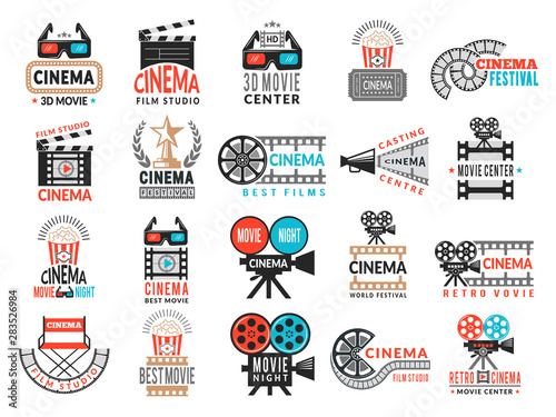 Cinema badges. Movie production symbols camera director chair film tape vector logo collection. Illustration of movie cinema, world premiere and festival film