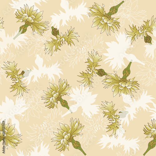 Floral vintage texture for fabric. Seamless ornament of flowers on a beige background.