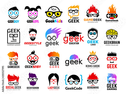 Geek logo. Business badges symbols of gamers nerd smart characters easy learning face with glasses vector collection. Illustration of nerd and geek man in glasses, genius creativity logo photo