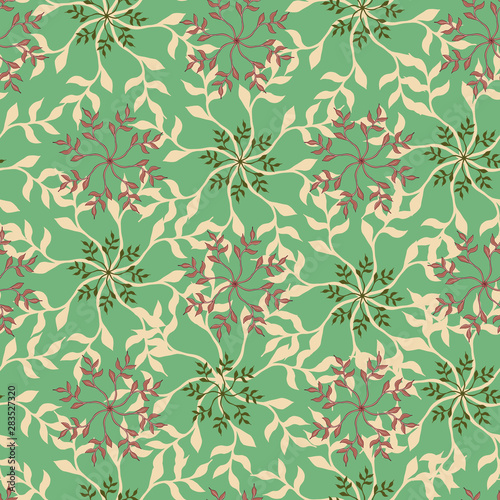 Oriental seamless vector background. Bright patern on a green background for cloths and tiles. Abstract ornament.