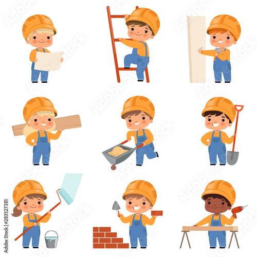 Little builders. Childrens with construction tools making job working builders in yellow helmet vector characters. Little builder making jo with tools illustration
