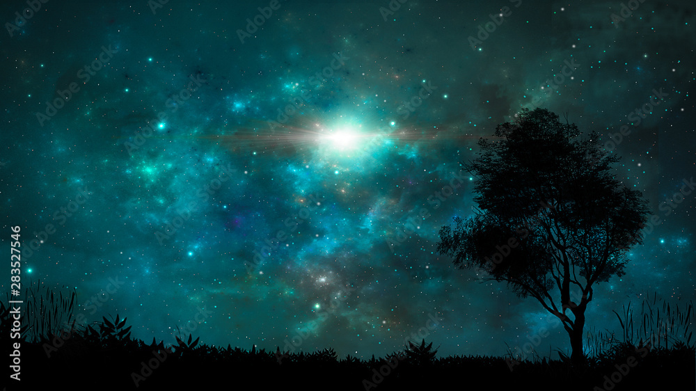 Space scene. Blue nebula with land and tree silhouette. Elements furnished by NASA. 3D rendering