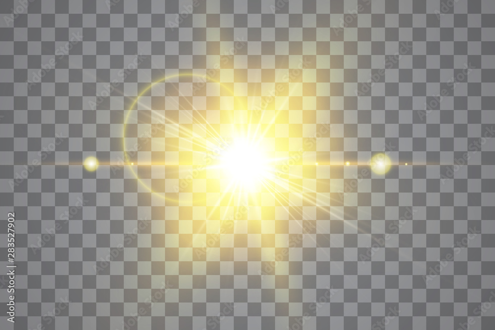 Fototapeta premium Vector transparent sunlight special lens flare light effect. Isolated sun flash rays and spotlight. White front translucent sunlight background. Blur abstract glow glare decor element. Star burst