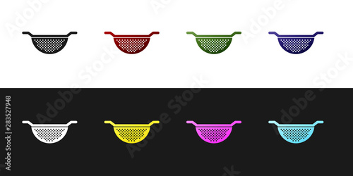 Set Kitchen colander icon isolated on black and white background. Cooking utensil. Cutlery sign. Vector Illustration