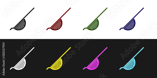 Set Kitchen colander icon isolated on black and white background. Cooking utensil. Cutlery sign. Vector Illustration