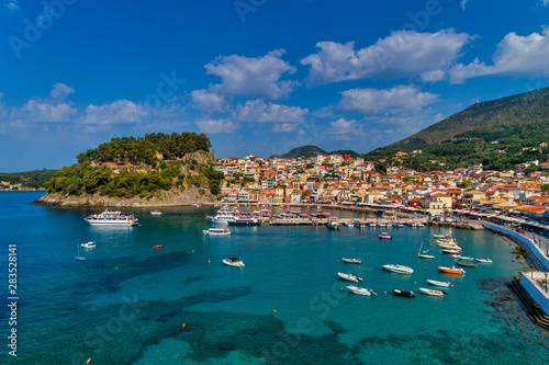 Aerial cityscape view of the coastal city of Parga  Greece during the Summer