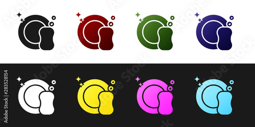 Set Washing dishes icon isolated on black and white background. Plate and sponge. Cleaning dishes icon. Dishwasher sign. Clean tableware sign. Vector Illustration