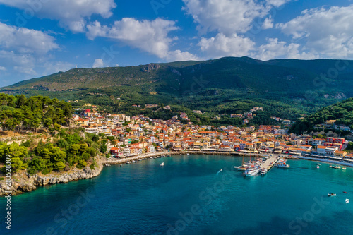 Aerial cityscape view of the coastal city of Parga, Greece during the Summer